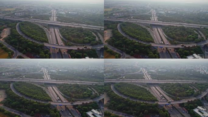 高架公路交叉口航拍图。交叉高速公路立交桥。尼赫鲁外环路高速公路的俯视图，显示了特伦加纳邦海德拉巴德瓦