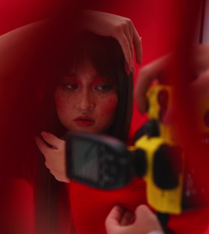 亚洲模特女孩在工作室里把手放在脸旁边，摆姿势拍照。在特写镜头中，摄影师纠正姿势。黄色的相机。艺妓穿着