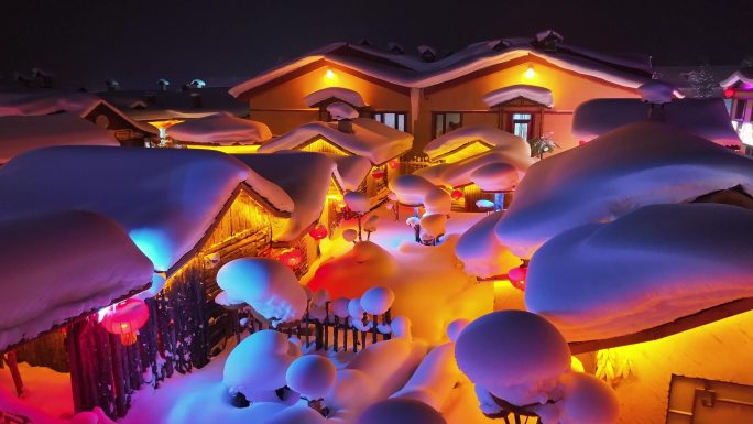 中国雪乡 航拍 夜景 4K