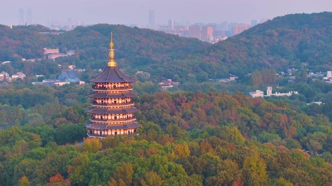 唯美杭州西湖雷峰塔景区大自然风光群山航拍