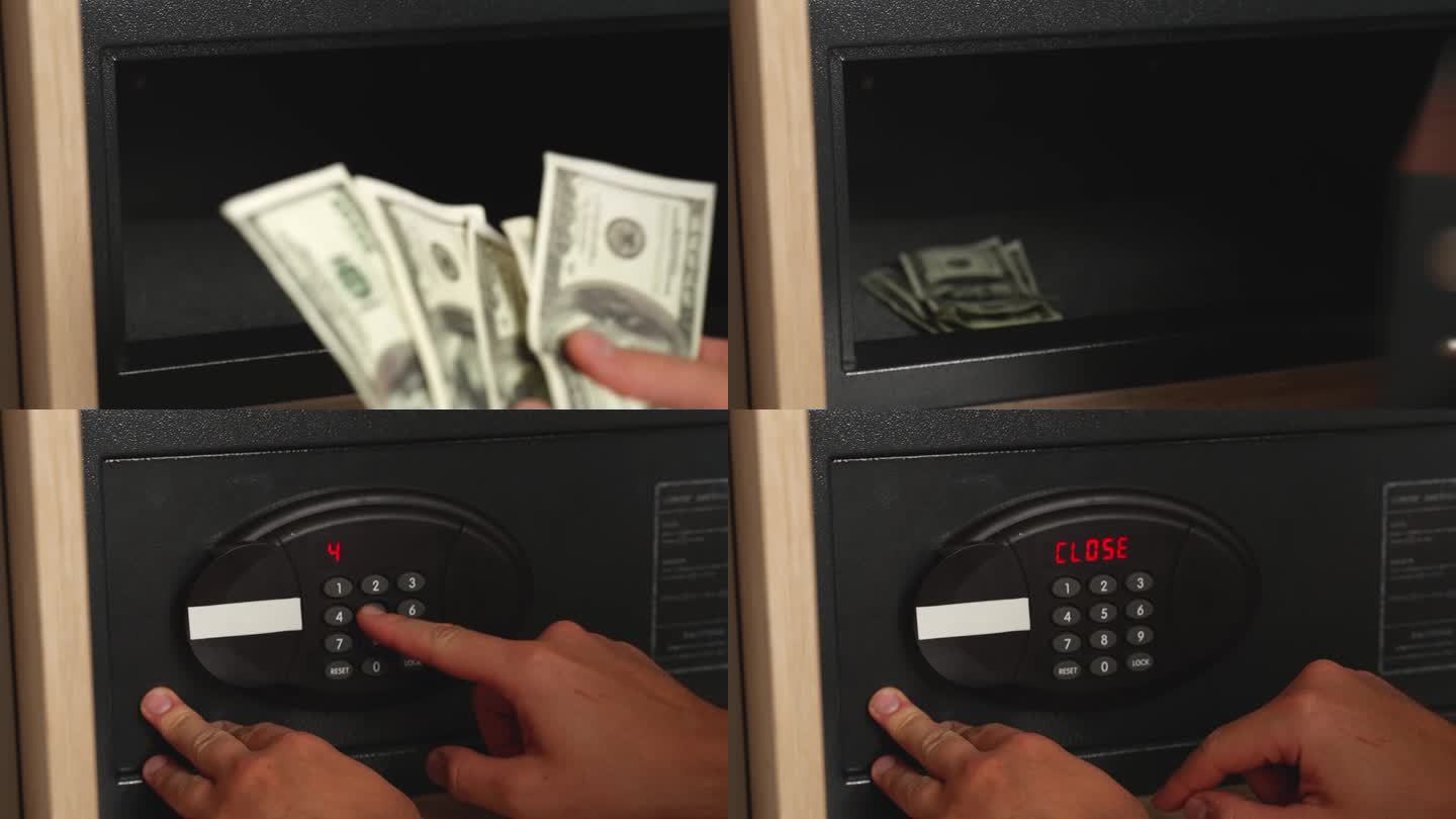 一个女人的手在酒店门上的金属保险柜的门上输入密码，并把钱换成美元的特写镜头。在旅馆里存钱