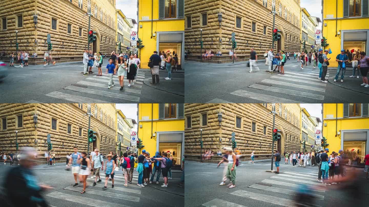 意大利托斯卡纳佛罗伦萨夏季周末交通拥堵的购物街上的人群和旅游旅客步行和人行横道的时间流逝
