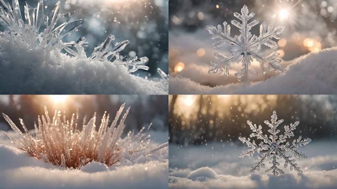 唯美冬天雪景小寒大寒雪花飘落微距雪花晶体