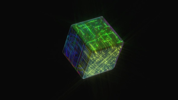 黑色背景上的一个抽象立方体，描绘了神经处理器(NPU)的工作，其中神经元在一个复杂的网络中运动。