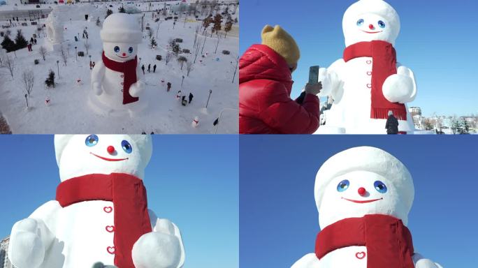 4k大雪人打卡拍照素材东北冬季大雪人