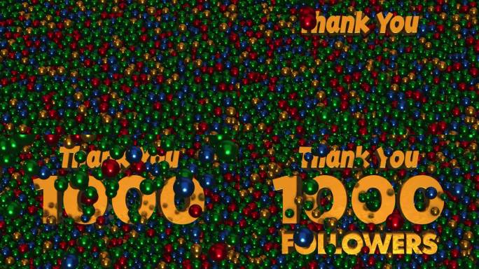 顶视图感谢1000个追随者3d文本揭示推动金绿蓝红金属球坑球背景3d渲染