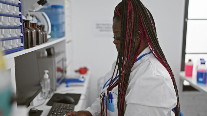 专注的非裔美国女科学家，漂亮的辫子，在熙熙攘攘的医学实验室里认真地在电脑上打字，沉浸在前沿的生物学研