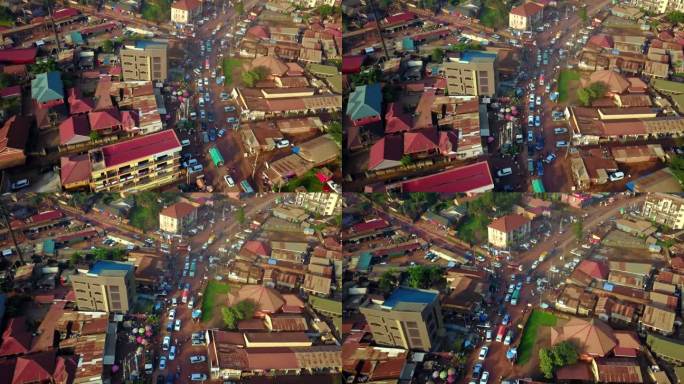 无人机拍摄的乌干达坎帕拉高峰时段交通鸟瞰图