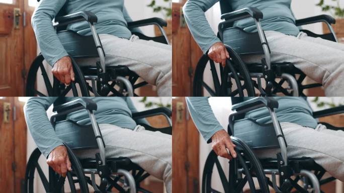 人，手和家移动轮椅，学习或恢复从伤害，事故或特写。残疾人，行动不便，轮椅和推动进步，运输和康复在诊所