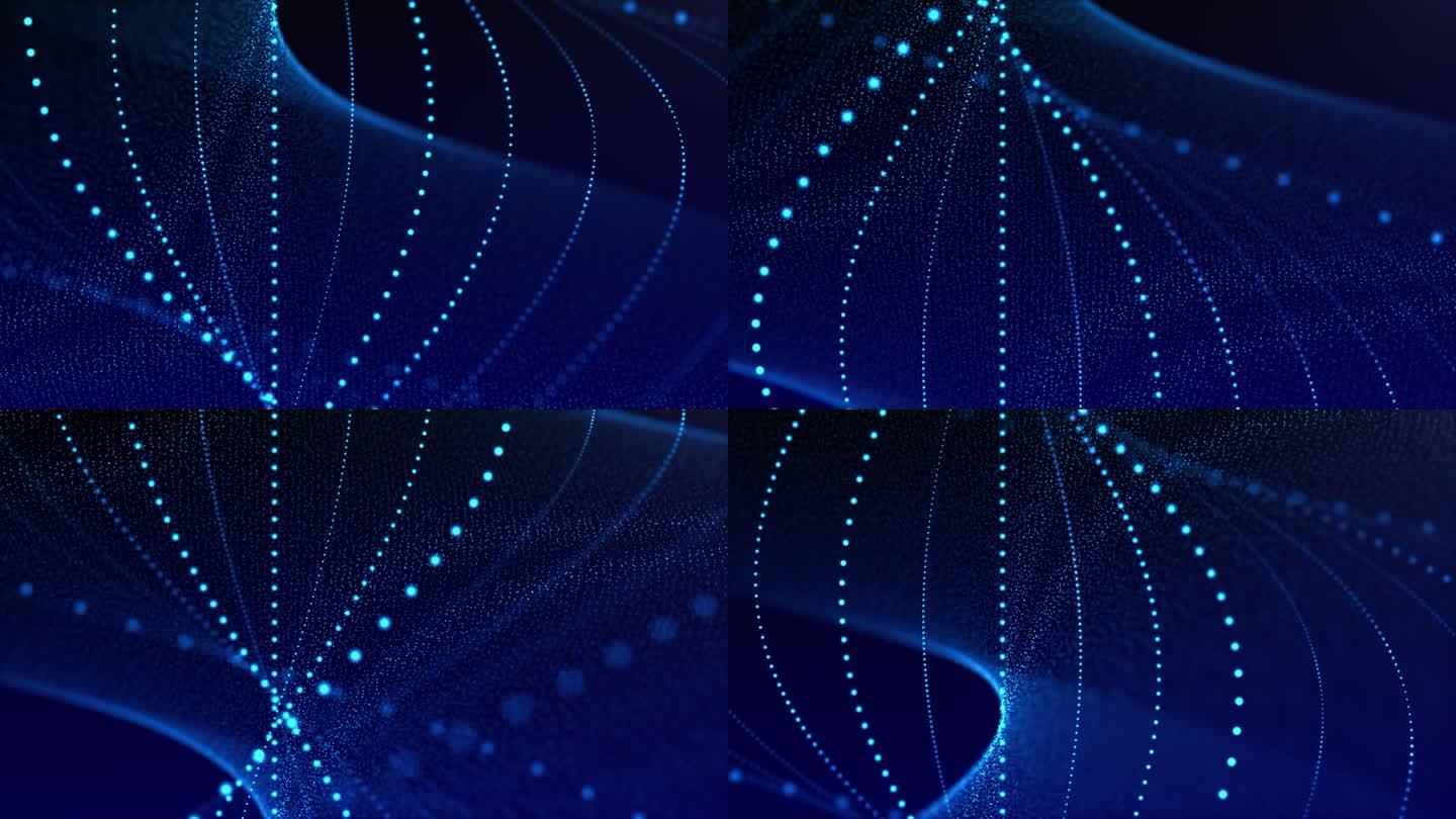 蓝色抽象背景的无缝循环动画，光滑的粒子波和能量线，在黑暗背景上具有明亮的辉光效果，运动图形，循环视频