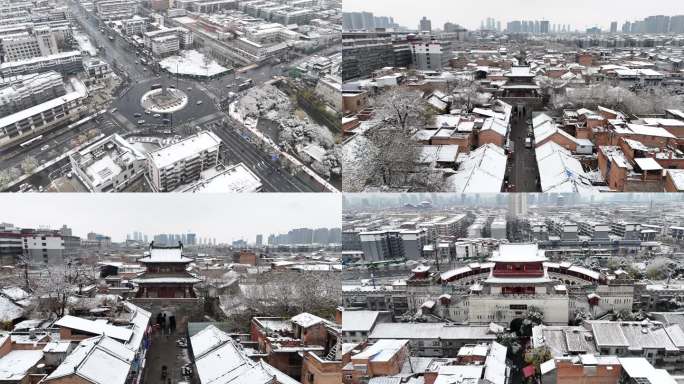 洛阳老城地标4K高清航拍雪景