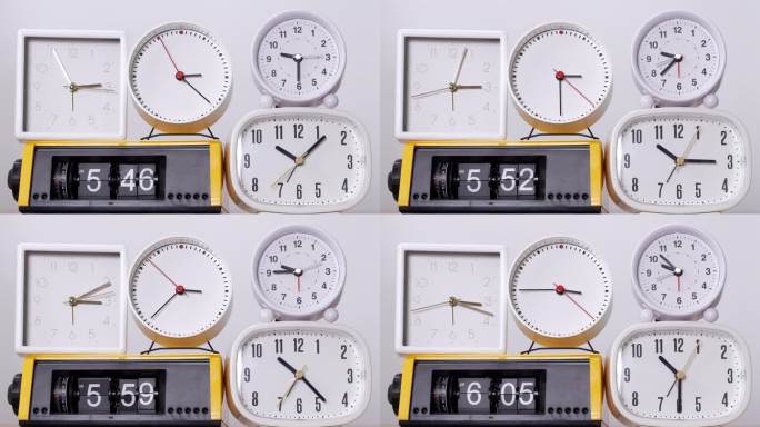 许多时间时钟在白色的背景告诉时间在速度，一个终身时钟的概念。