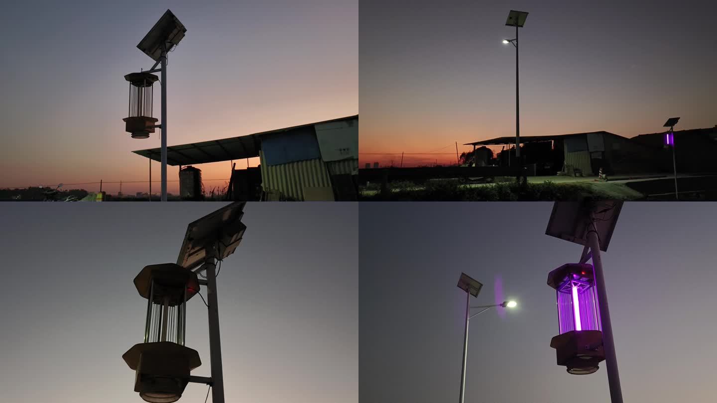 夕阳农村乡村路灯剪影太阳能路灯节能路低碳