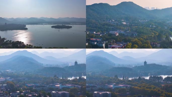 西湖雷峰塔景区大自然风光群山航拍杭州风景