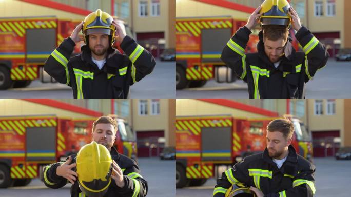 消防员在消防部门取下防护头盔