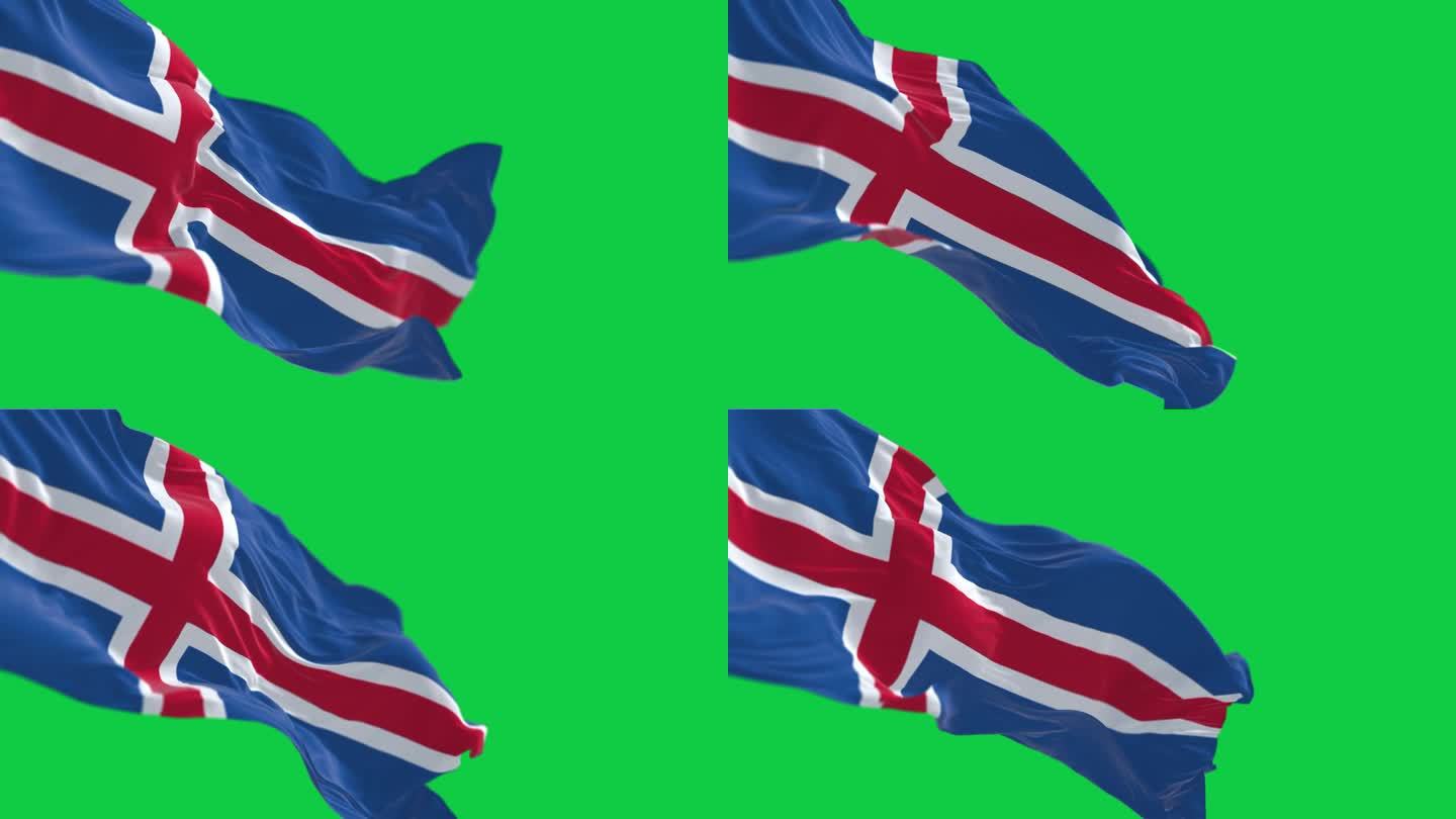 绿色屏幕上冰岛国旗迎风飘扬的特写
