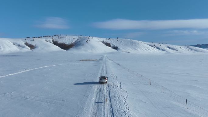 冬天一辆白色汽车行驶在草原冰雪道路上