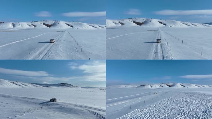 冬天一辆白色汽车行驶在草原冰雪道路上