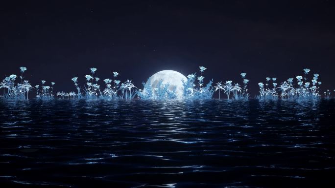 唯美梦幻蓝色月亮水面升起视频素材