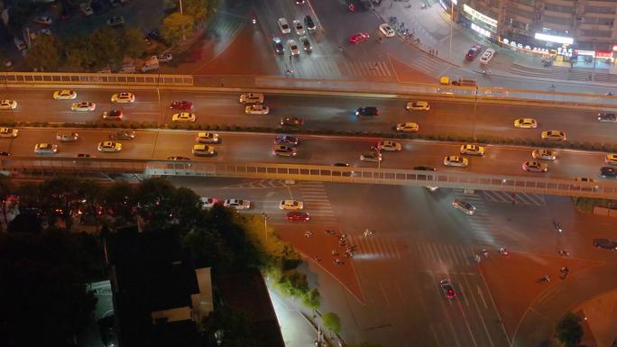 长沙夜景夜晚立交桥车流交通航拍车辆十字路