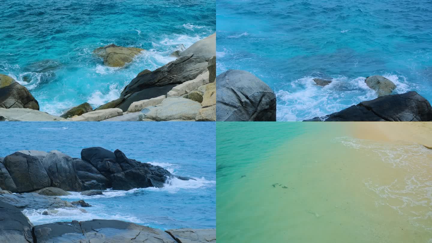 蓝色大海清澈蔚蓝海水海浪拍打岸边岩石