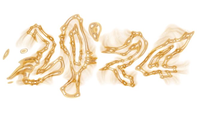 金色的自行车链条以数字2024的形式连接成分形液体