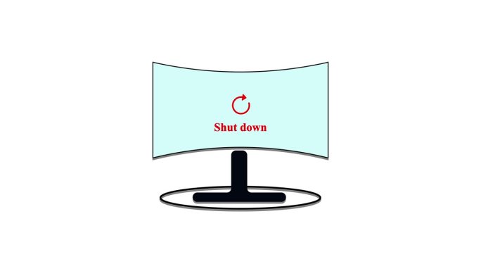 在白色背景上显示关机图标和文本的动画计算机显示器。