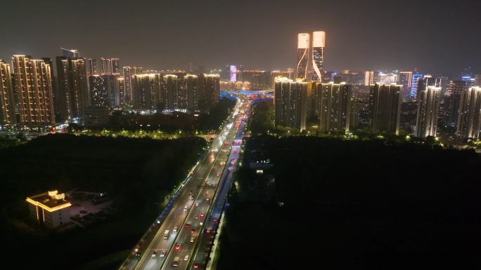 杭州钱塘江西兴大桥夜晚夜景航拍车流交通城