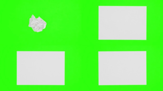 白纸白纸从纸球上出现在绿屏色度键背景上，再次起皱消失。定格动画。