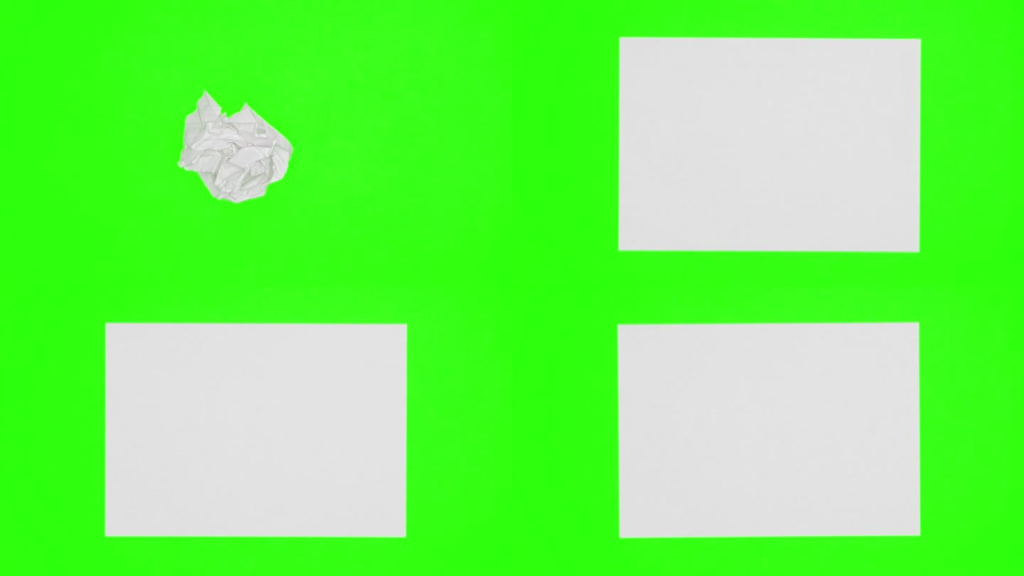 白纸白纸从纸球上出现在绿屏色度键背景上，再次起皱消失。定格动画。