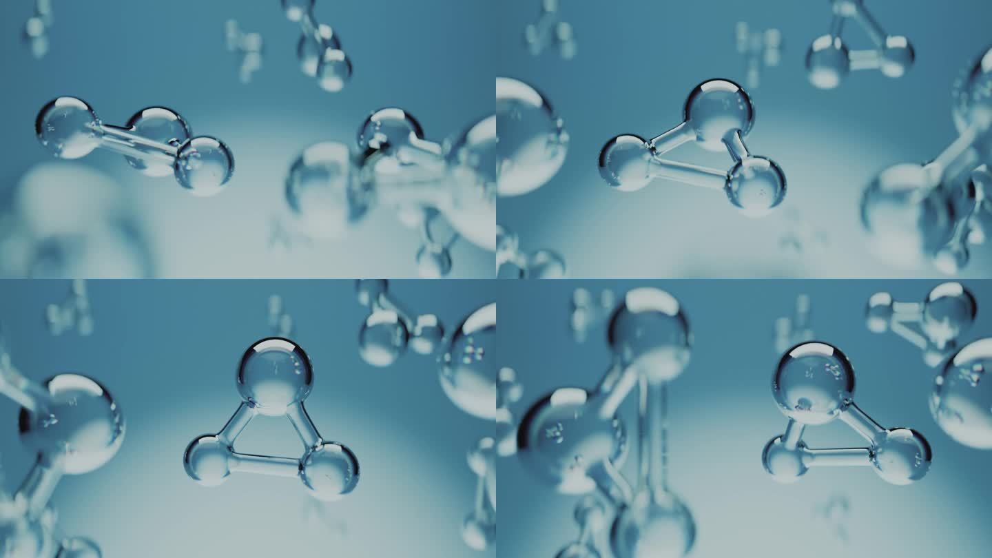 显微镜下的水。多个闪亮的水颗粒缓慢漂浮。H20粒子模型。逼真的科学，医学背景3D动画。原子,分子。