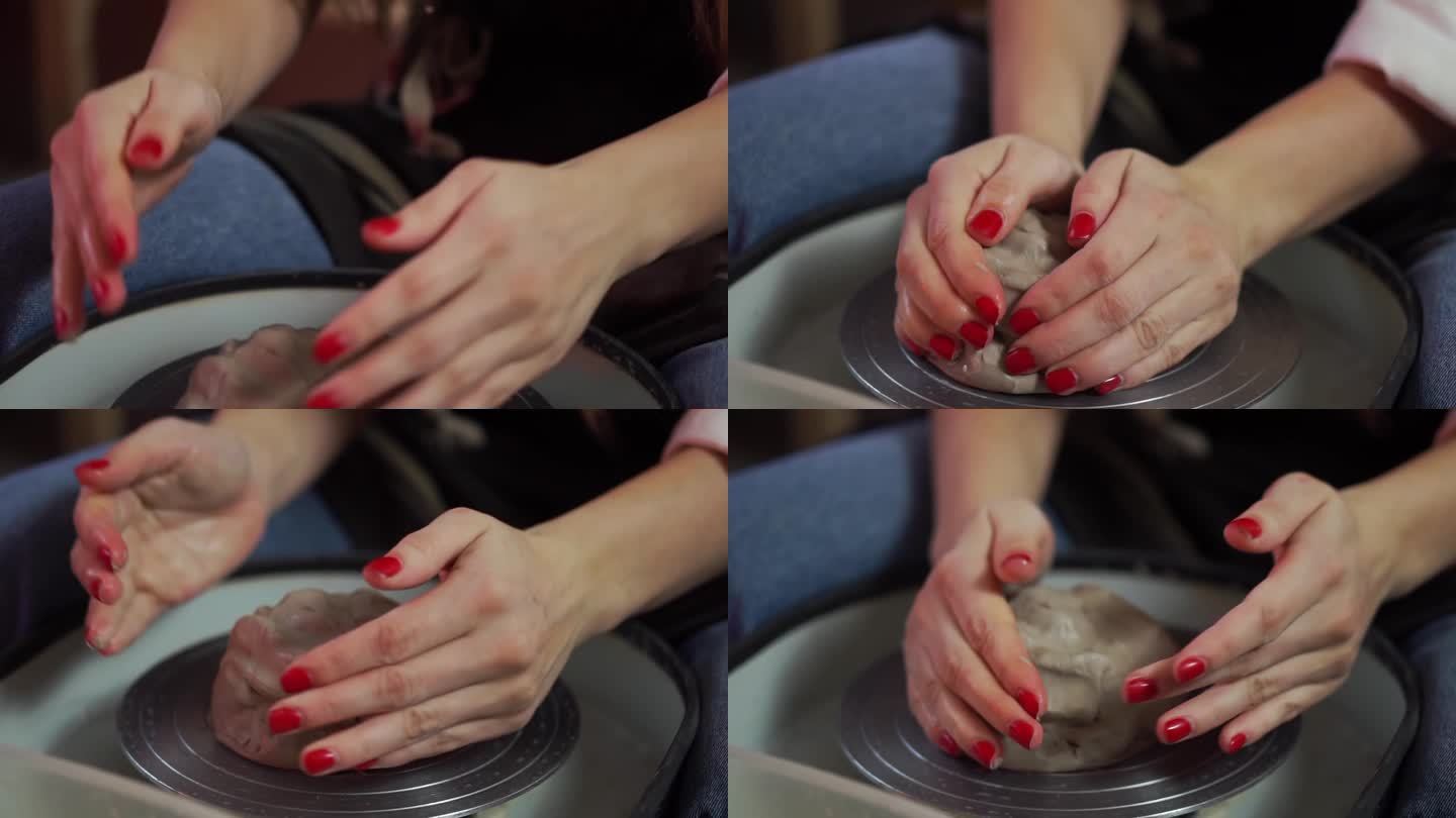 一个女人把一团粘土扔到陶工的轮子上，然后把它打成形状