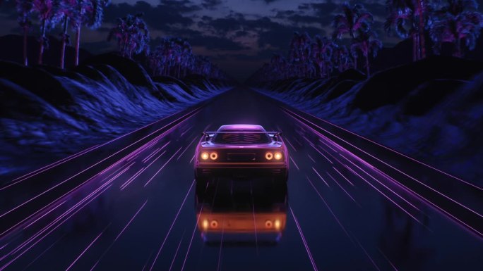 环形汽车和背景霓虹灯复古浪潮80年代的风格