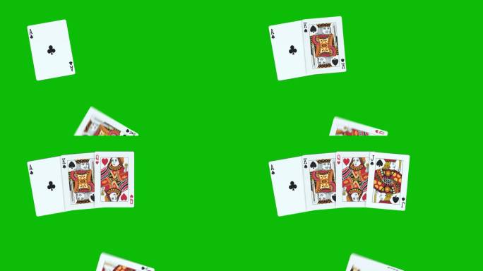 一个扑克直勾勾的卡片被扔在绿色屏幕上的3D动画，。动画扑克，发牌扑克动画。赢牌手直组合1