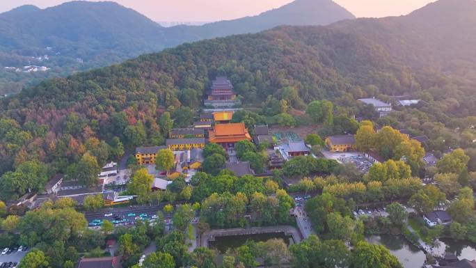 杭州西湖区净慈禅寺航拍唯美大自然风光群山