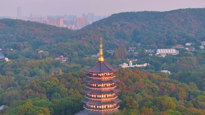 唯美杭州西湖雷峰塔景区大自然风光群山航拍