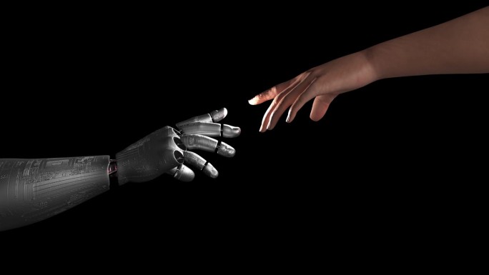 人类和人工智能机器人的手指接触在一起。连接。亮度通道。