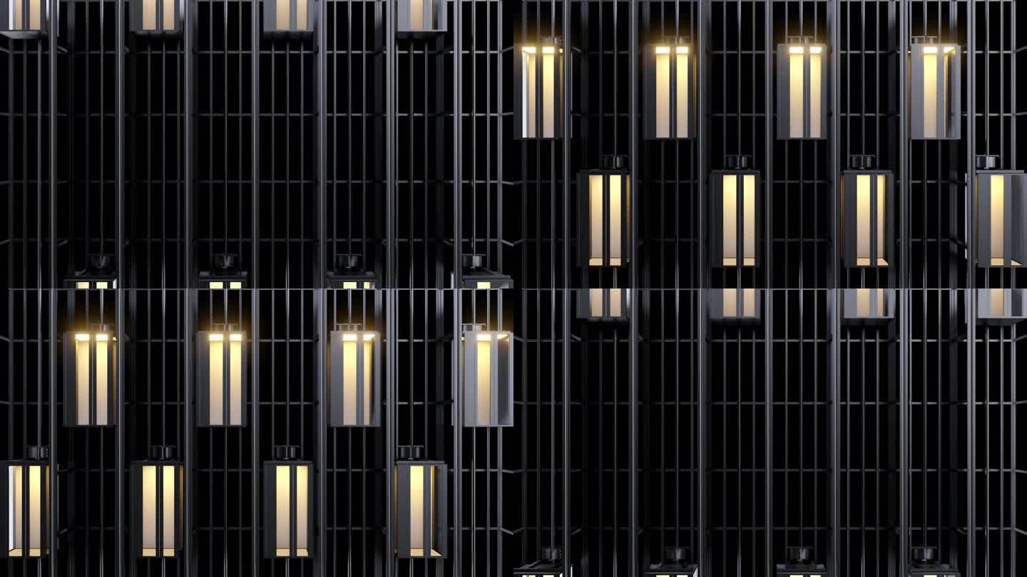 开敞式玻璃透明电梯舱室，光线在黑墙上移动，住宅，办公室或酒店。逼真的3d动画。