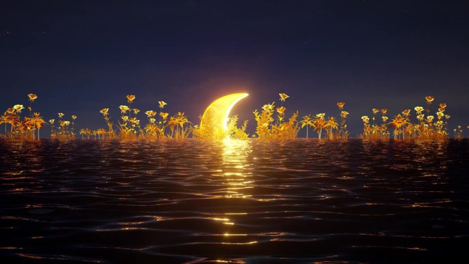 唯美梦幻金色月亮水面升起视频素材