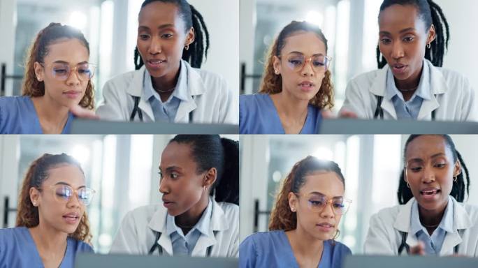 医生、护士或妇女在笔记本电脑上进行医疗保健培训、临床研究和咨询或数据库支持。医疗团队或导师在计算机上
