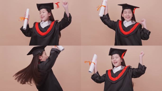 一个穿着毕业礼服的女学生在棕色背景上做着快乐的手势和表情。
