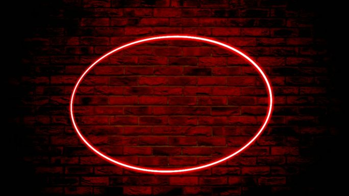 霓虹灯红色椭圆边框帧动画运动图形上的砖墙背景。现代框架灯泡砖墙与空白复制空间视频元素