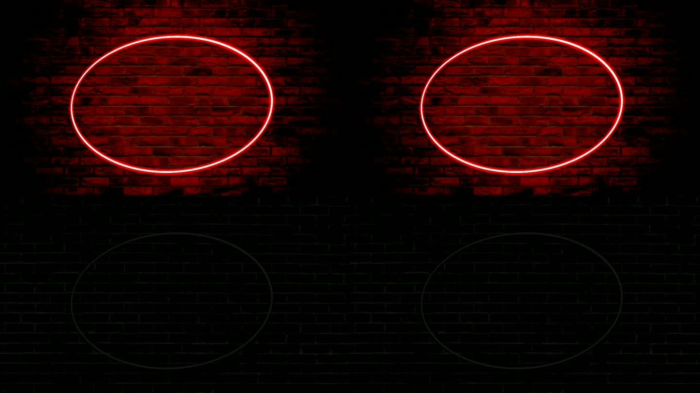霓虹灯红色椭圆边框帧动画运动图形上的砖墙背景。现代框架灯泡砖墙与空白复制空间视频元素
