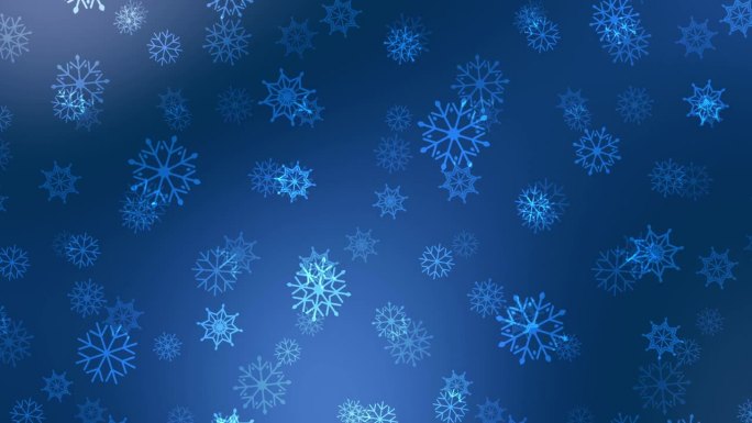 雪晶片冬季冻结冰粒子背景。循环播放4k视频动画。蓝蓝色背景下的雪