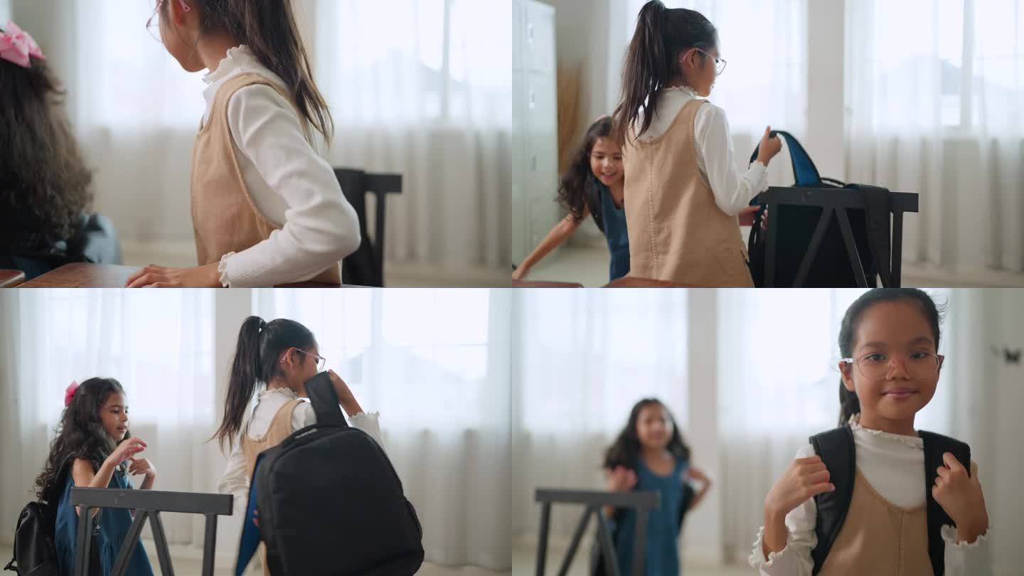 两个亚洲小学生女学生背着书包，准备放学回家。小学的女学生在完成学业后离开教室。学生离开教室