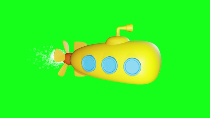 3D卡通黄色潜水艇漂浮在绿色屏幕上
