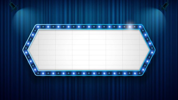4k动画影院影院标志六边形蓝色主题与聚光灯和窗帘。mov