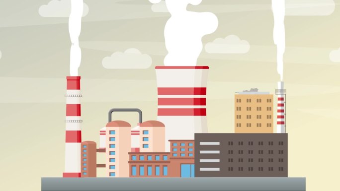 工厂烟雾和空气污染概念动画。有大烟囱的工业大楼。二氧化碳排放，空气污染和环境