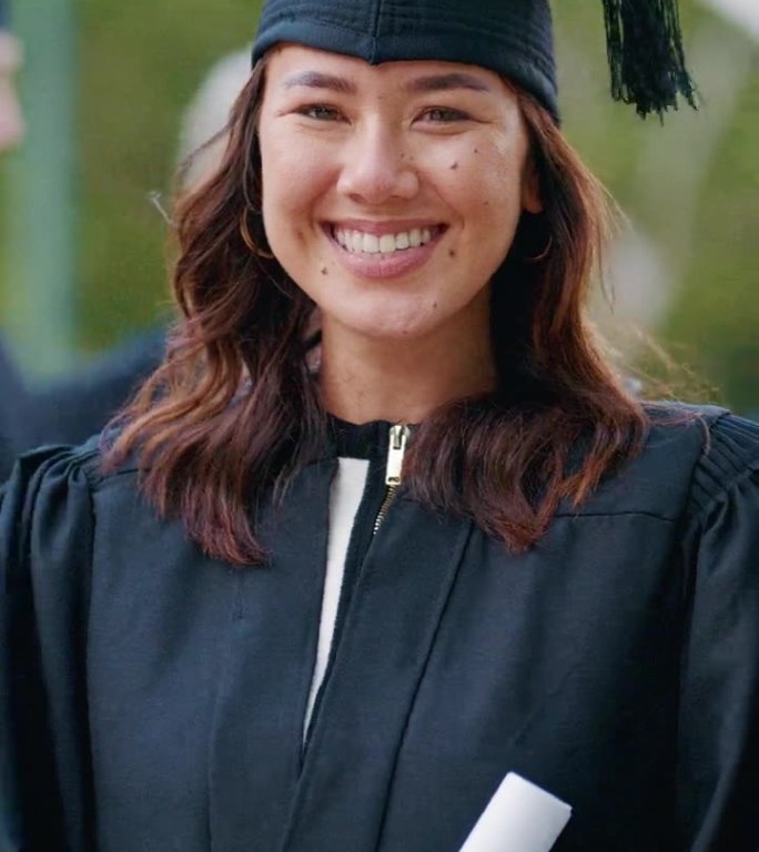 女人，面对和毕业在大学，文凭或微笑为骄傲，成就或目标在教育。学生，毕业生或肖像人物，在大学，校园和兴