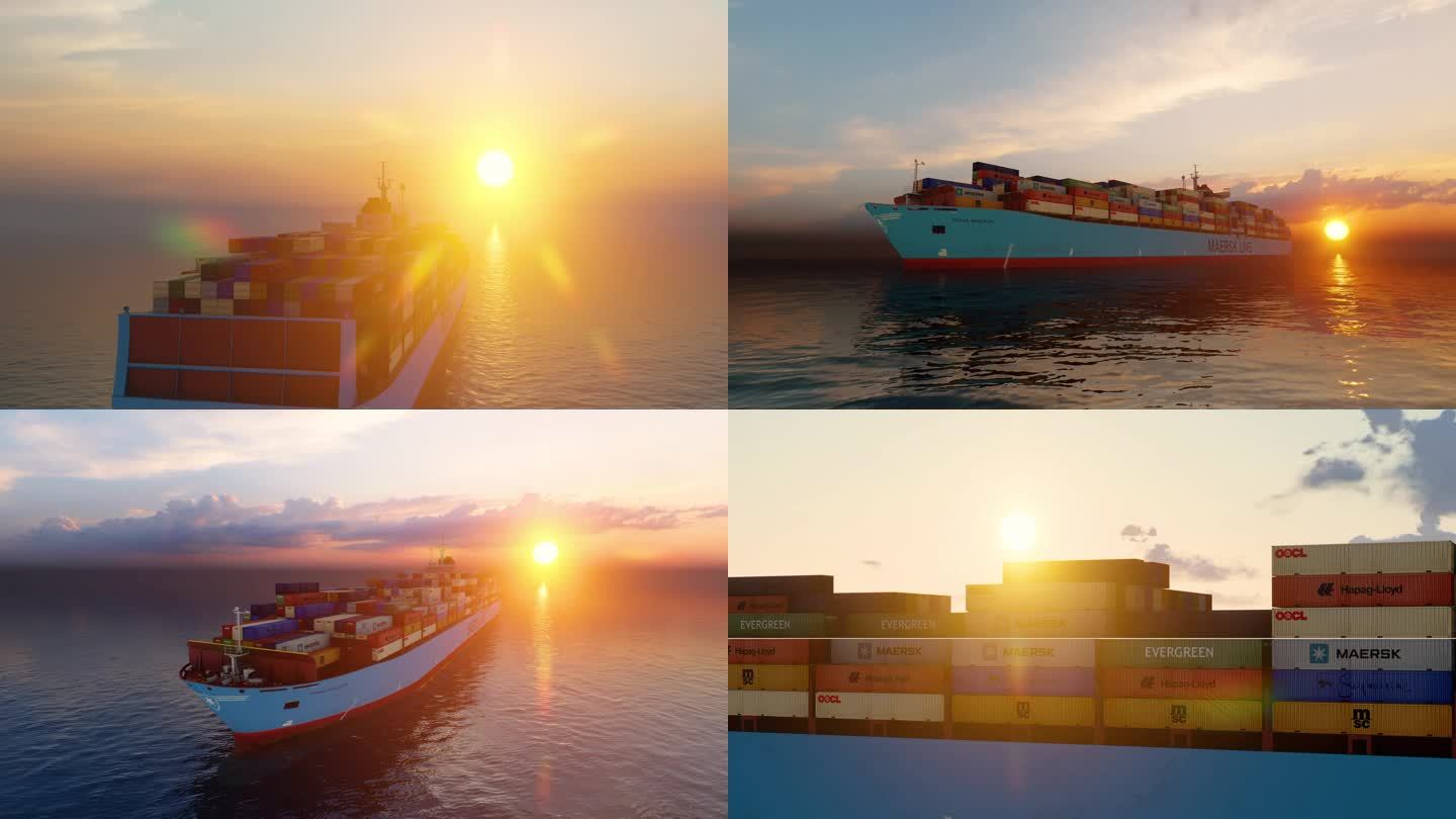 4K集装箱货轮海上夕阳